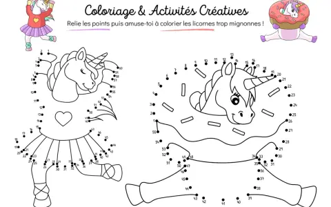 Un modèle de licorne à relier et colorier, avec une autre licorne dans un donut.