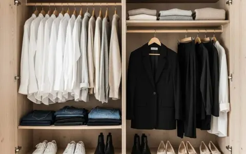 Un dressing organisé : chemises blanches, pulls, jeans pliés, un blazer noir et des pantalons noirs. Idéal pour savoir comment ranger son dressing.