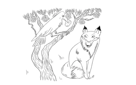 Dessin le corbeau et le renard : un corbeau perché sur une branche tient une grappe de raisin dans son bec, tandis qu'un renard le regarde avec malice en contrebas.