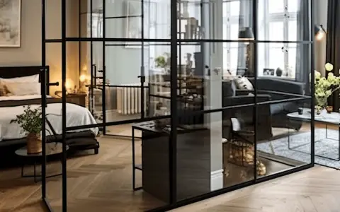 Une verrière noire sépare élégamment une chambre d'un salon, permettant de séparer une pièce en deux sans travaux.