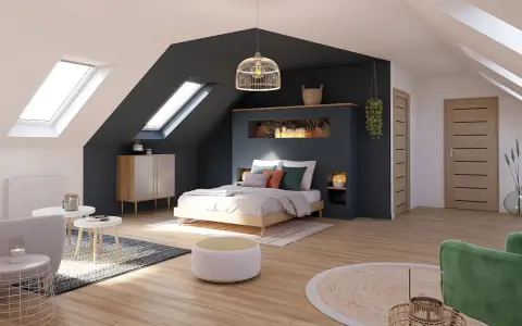 Chambre mansardée avec deux fenêtres de toit, une pour séparer une chambre en deux avec une seule fenêtre, lit douillet, mobilier moderne.