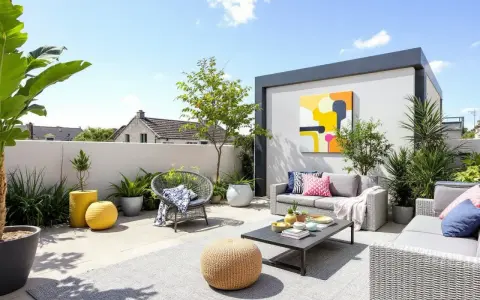 Une superbe idée terrasse extérieur : salon de jardin gris, coussins colorés, pouf en osier, plantes luxuriantes et tableau abstrait.