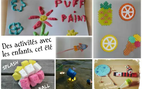 Des activités pendant les vacances scolaires : peinture gonflante, perles à repasser, fusée, bateaux, maracas.