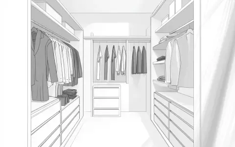 Plan dressing dimension : une penderie bien organisée avec des étagères, des tiroirs et des vêtements suspendus.