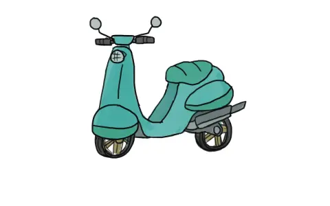 Un dessin simple d'une moto maternelle turquoise, avec des roues noires et dorées, des rétroviseurs et un phare orné d'un croisillon.