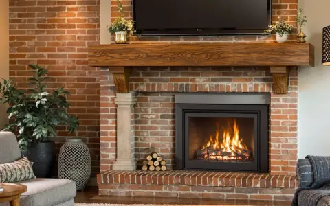 Cheminée ancienne en briques avec un feu crépitant, une étagère en bois, une plante et un canapé.