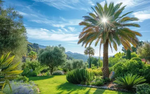 Un jardin luxuriant sous un ciel bleu, avec un grand palmier au soleil. Une idée de paysage méditerranéen paisible.