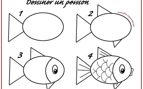 Étapes pour un poisson dessin facile : un ovale, des nageoires, un œil, puis des écailles.
