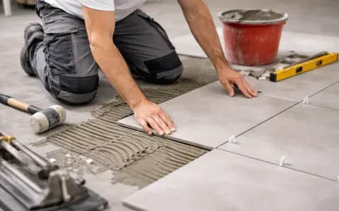 Un carreleur pose du carrelage au sol, appliquant la colle avec une truelle. Outils et seau de ciment à proximité.