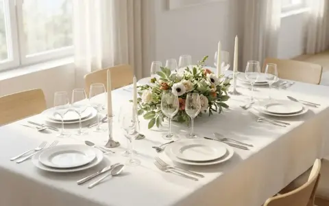Un élégant centre de table floral orne une table dressée pour un repas, avec des bougies et des verres à vin.