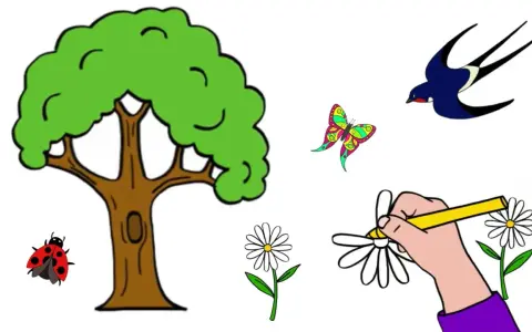 Un arbre, une coccinelle, un papillon coloré, une hirondelle et des fleurs. Un dessin printemps facile pour apprendre à colorier.
