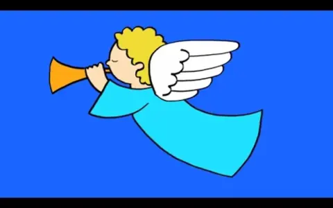 Un dessin angel facile d'un ange aux cheveux blonds, soufflant dans une trompette, vêtu d'une robe bleue et portant des ailes blanches, sur fond bleu.