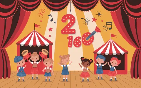 Scène de spectacle colorée avec des enfants joyeux, des tentes de cirque et des chiffres lumineux "2" et "160". Parfait pour un spectacle enfant 2 ans.