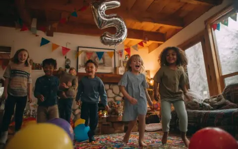 Des enfants sautent de joie lors d'une fête d'anniversaire à domicile, avec un ballon en forme de 5. Une belle idée animation anniversaire à domicile !