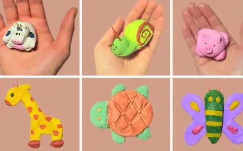 Collection de petits animaux en pâte à sel : vache, escargot, cochon, girafe, tortue et papillon.