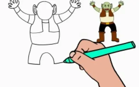 Un dessin ogre facile prend vie ! Une main colorie un croquis d'ogre, tandis qu'un ogre coloré apparaît à côté.