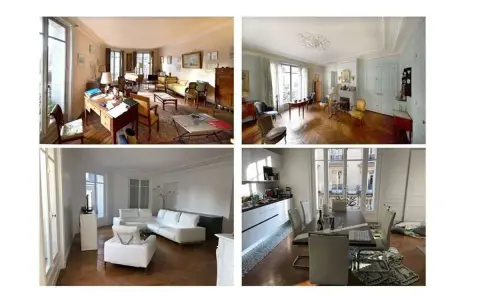Avant/après rénovation appartement : salon et cuisine transformés, passant d'un style classique à une décoration moderne et épurée.