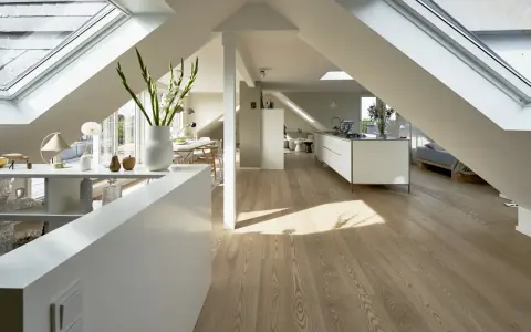Aménagement combles petit volume : cuisine, salle à manger et coin nuit sous les toits, baignés de lumière naturelle.