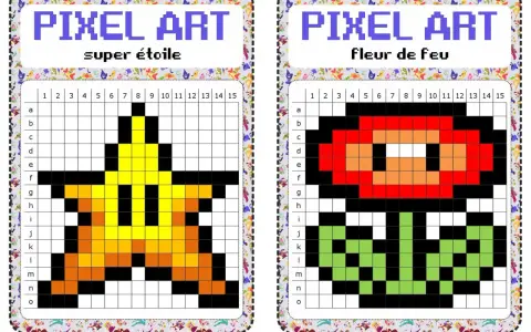 Deux grilles pixel art : une étoile jaune et une fleur de feu rouge, prêtes à être colorées.