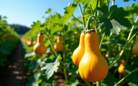 Butternuts mûrissent au soleil, parfaits pour savoir où planter le butternut dans le potager.