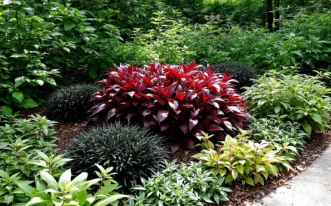 Un jardin luxuriant avec une plante rouge vif au centre, entourée de feuillages verts et sombres. Une scène parfaite de plante extérieur ombre sans entretien.