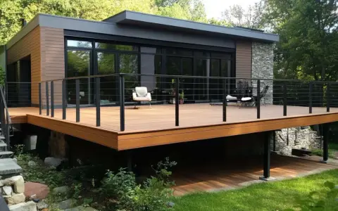Une **terrasse sur pilotis moderne** s'étend devant une maison aux lignes épurées, offrant un espace extérieur invitant.