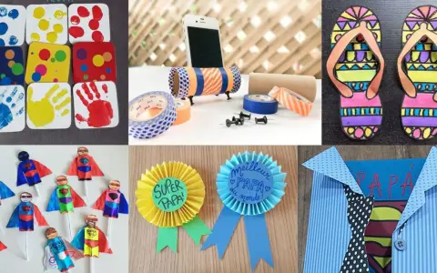 Idées de bricolage anniversaire papa facile : empreintes, super-héros, badges et porte-téléphone.