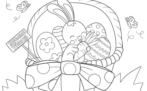 Un adorable lapin tient une carotte dans un panier rempli d'œufs décorés. Un panneau "Joyeuses Pâques" et des papillons complètent ce dessin de Pâques.