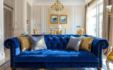 Canapé Chesterfield bleu profond, avec des coussins dorés et bleus. La couleur complémentaire bleu crée une ambiance luxueuse.