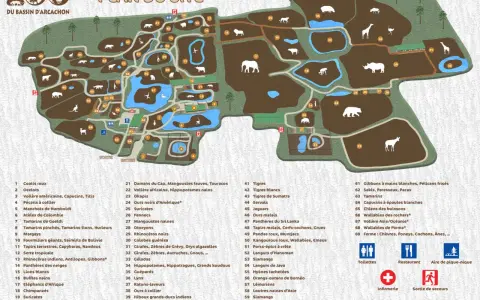 Plan du zoo du Bassin d'Arcachon : découvrez les enclos des animaux, des tigres aux éléphants, et repérez les services pour votre visite.