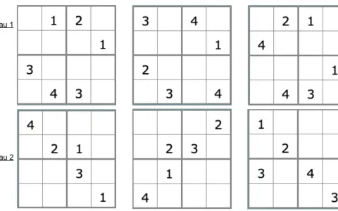 Grilles de sudoku enfant à imprimer, niveaux 1 et 2. Des puzzles simples pour s'amuser avec les chiffres.