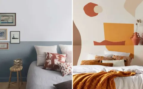 Deux chambres avec des têtes de lit en peinture. L'une est bleue et blanche avec des cadres, l'autre est abstraite et colorée.