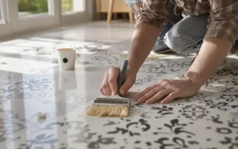 Une personne s'agenouille pour peindre du carrelage au sol avec un pochoir et un pinceau, créant un motif floral.