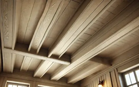 Plafond en bois avec poutres peintes couleur lin, créant une ambiance chaleureuse et rustique.