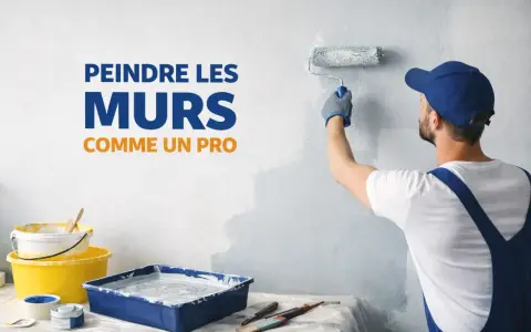 Un peintre en combinaison bleue utilise un rouleau pour repeindre un mur en blanc. Des pots de peinture et des pinceaux sont disposés sur une table.
