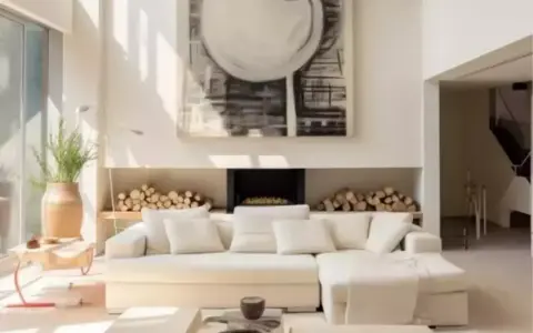 Un **salon beige et blanc** lumineux avec un grand canapé, une cheminée ornée de bois et une œuvre d'art abstraite.
