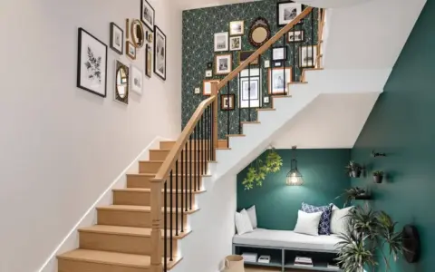 Escalier moderne avec mur de cadres et papier peint graphique. Une banquette confortable sous l'escalier, une belle idee couleur cage escalier.