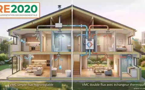 Comparaison VMC simple flux hygroréglable et VMC double flux avec échangeur thermique dans une maison RE2020.