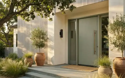 Porte d'entrée moderne couleur sauge, avec des oliviers en pot et des graminées. L'architecture épurée et la lumière douce créent une ambiance accueillante.
