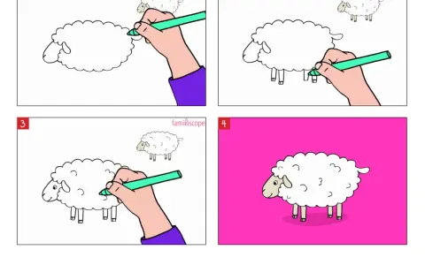 Étapes pour dessiner un mouton : un corps floconneux, des pattes, une tête, puis le mouton est terminé sur fond rose.