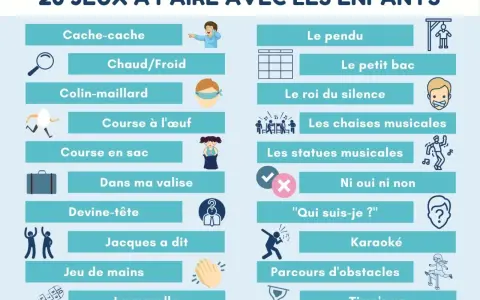 Liste de 20 jeux pour une **activité intérieur enfant** : cache-cache, le pendu, course en sac, les chaises musicales, et bien d'autres pour s'amuser.