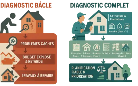 Diagnostic d'une rénovation maison ancienne : le mauvais diagnostic révèle des problèmes cachés, un budget explosé et des travaux à refaire. Le bon diagnostic assure une planification fiable.