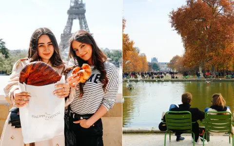 Deux femmes savourent des croissants devant la Tour Eiffel, un clin d'œil à la gourmandise sur la rue de Rivoli. À droite, des couples profitent d'un après-midi d'automne au Jardin des Tuileries.