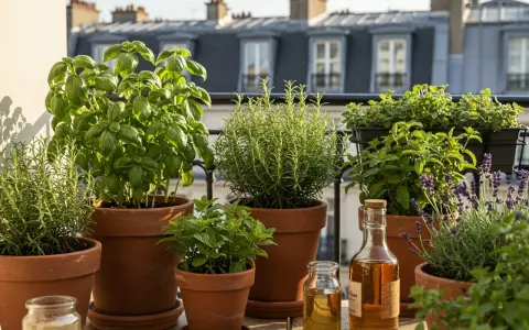 Un balcon parisien fleuri de plantes aromatiques : basilic, romarin, menthe, lavande. Huiles essentielles prêtes à l'emploi.