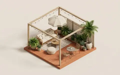 Aménager une petite terrasse sans se ruiner : un salon de jardin cosy avec canapé, table basse, fauteuils, parasol et plantes luxuriantes sous guirlandes lumineuses.