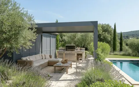 Un élégant pool house provençal avec salon extérieur, cuisine d'été et piscine, entouré d'oliviers et de lavande.