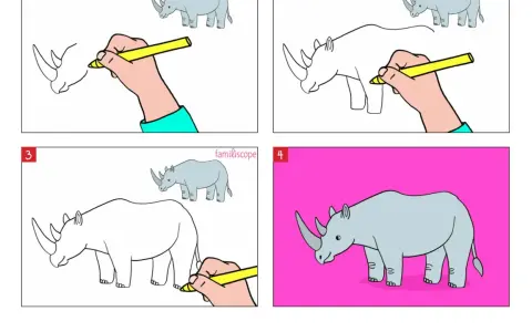 Étapes pour un rhinocéros dessin facile : une main dessine le contour, puis ajoute les détails et colore le rhinocéros sur fond rose.