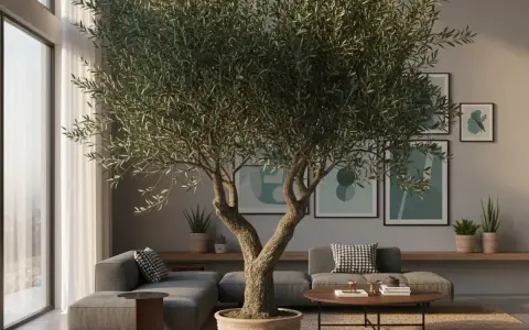 Un grand olivier en pot intérieur trône au milieu d'un salon moderne. Des canapés gris, des tableaux abstraits et une grande fenêtre complètent la scène.