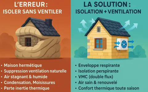 Maison étouffée par l'isolation sans ventilation, cause de problèmes. La solution : isolation et ventilation pour une rénovation toiture ancienne saine.