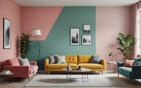 Salon moderne avec un mur deux couleurs différentes : rose poudré et vert d'eau. Canapés colorés et plantes vertes.